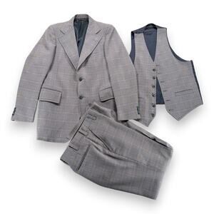 Vintage Houndstooth Suit Mens 38 32x32 Pants Gray Hub Talon Flared 3pc 70s